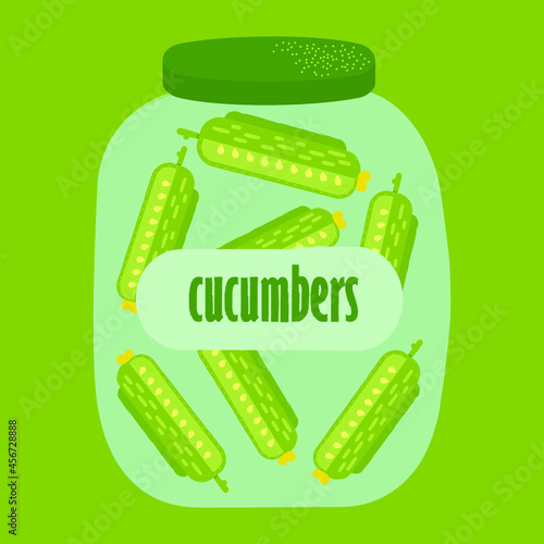 Cute Pickled Cucumbers in Glass Jar with Label. Organic product. Canned Food. Isolated Flat Vector Design for Product Advertising in Shop or Supermarket.