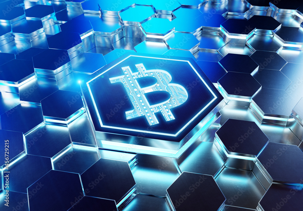 Obraz premium Bitcoin icon creativity concept engraved on metal hexagonal pedestral background. Crypto currency symbol glowing on abstract digital surface. 3d rendering