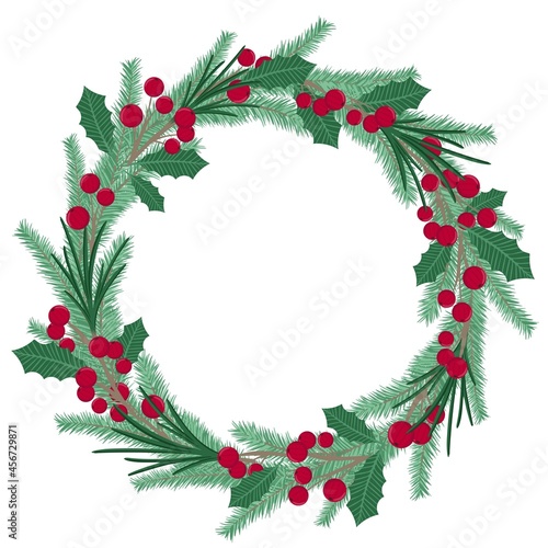 Fototapeta Naklejka Na Ścianę i Meble -  Round Christmas wreath of fir branches, berries and leaves vector illustration. Traditional seasonal decoration for New Year and Christmas. Natural circular frame made of pine or fir. Template for