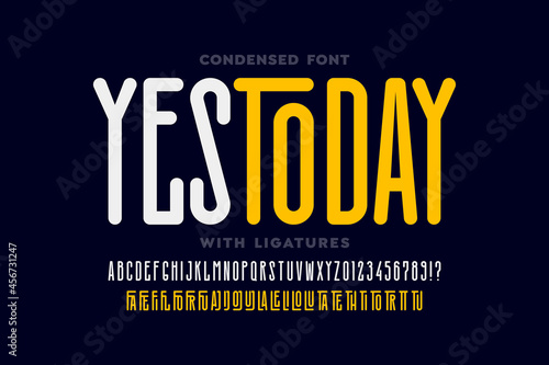 Modern condensed style font with ligatures alphabet letters and numbers vector illustration