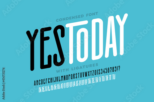 Modern condensed style font with ligatures alphabet letters and numbers vector illustration