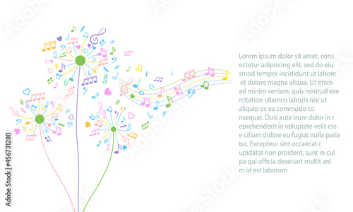 fluffy dandelions in the form of notes, musical signs and treble clefs. love for music.