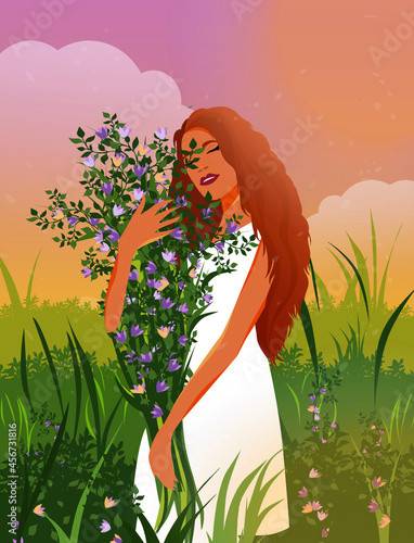 Digital illustration Red-haired girl spring autumn with a bouquet of wildflowers rejoices in the sun at sunset in nature