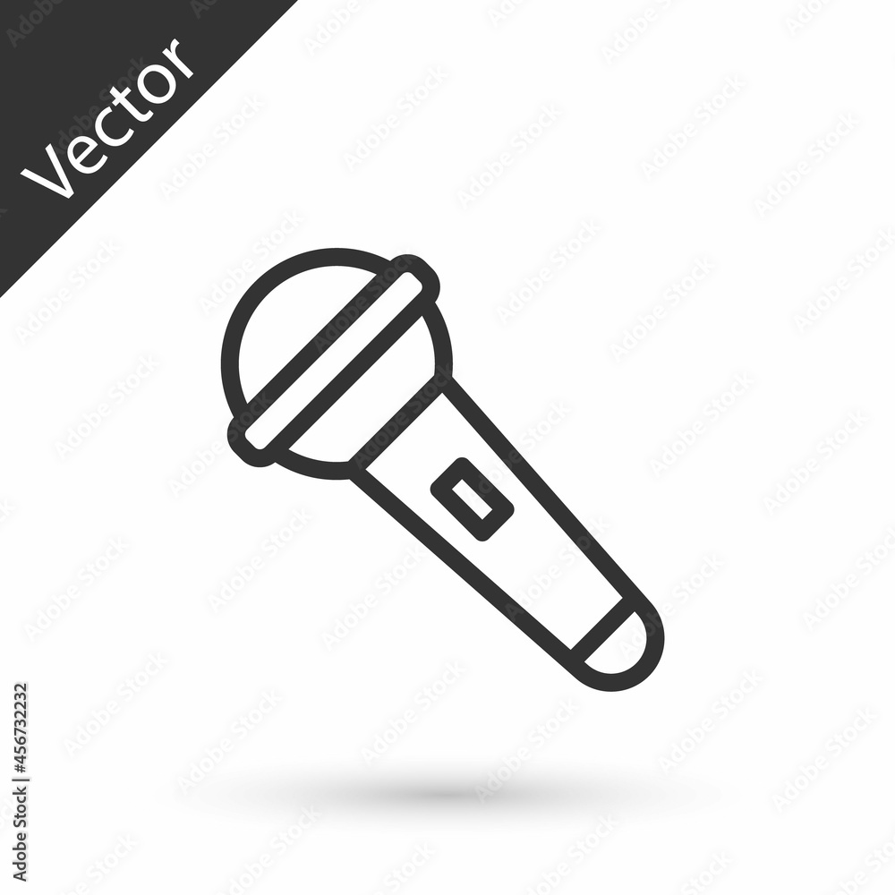 Grey line Microphone icon isolated on white background. On air radio mic microphone. Speaker sign. Vector Grey line Microphone icon isolated on white background. On air radio mic microphone. Speaker sign. Vector