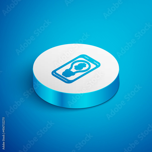 Isometric line Business light bulb with dollar on smartphone screen icon isolated on blue background. User touch screen. White circle button. Vector