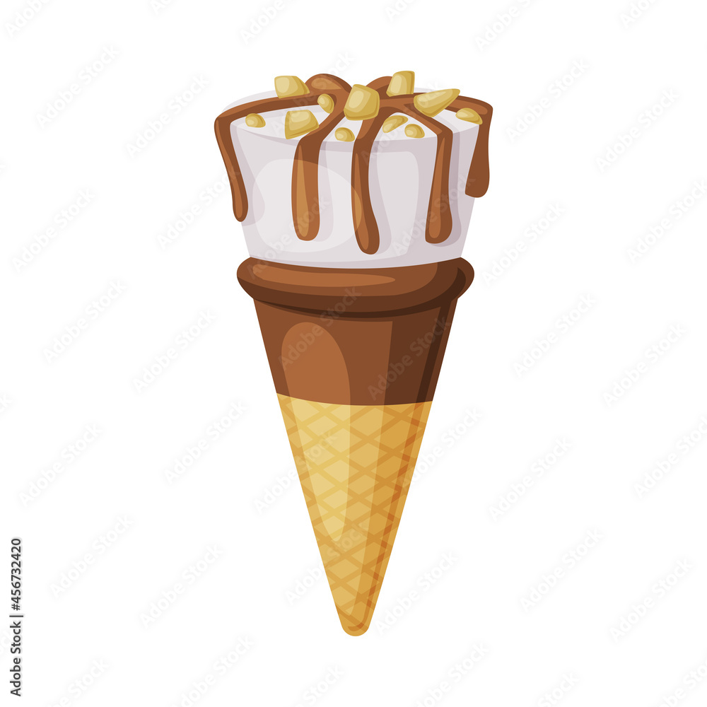 Ice Cream in Waffle Cone with Chocolate and Nut Topping as Frozen Dessert and Sweet Snack Vector Illustration