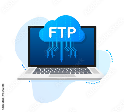 FTP file transfer icon on laptop. FTP technology icon. Transfer data to server. Vector illustration.