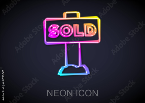 Glowing neon line Hanging sign with text Sold icon isolated on black background. Sold sticker. Sold signboard. Vector