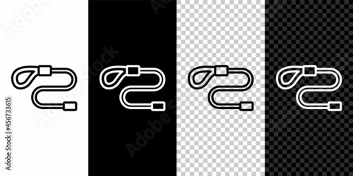 Set line Retractable cord leash with carabiner icon isolated on black and white, transparent background. Pet dog lead. Animal accessory for outdoors walk. Vector