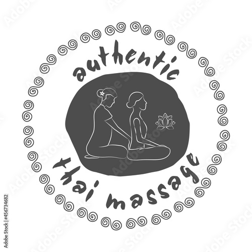 Authentic Thai massage. Logo thai massage with silhouette of a woman getting traditional thai massage by therapist. Stamp Thai massage in gray for your design. EPS10.