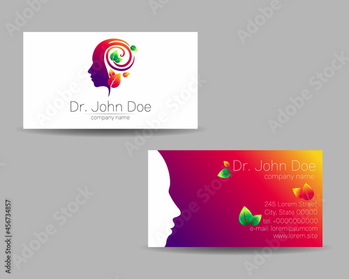 Psychology Vector Business Card Human Head Modern logo Creative style in Violet Color. Child Profile Silhouette Design concept. Brand company. Vsiting personal set of visit cards