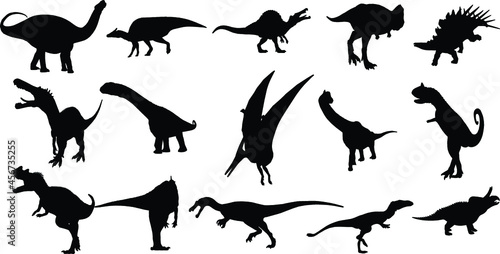 Dinosaurs and Jurassic Dino monsters Vector silhouette of triceratops or T-rex  brontosaurus or pterodactyl and stegosaurus  pteranodon or ceratosaurus and parasaurolophus reptile Set 01