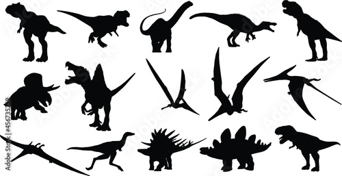 Dinosaurs and Jurassic Dino monsters Vector silhouette of triceratops or T-rex, brontosaurus or pterodactyl and stegosaurus, pteranodon or ceratosaurus and parasaurolophus reptile Set 02 photo
