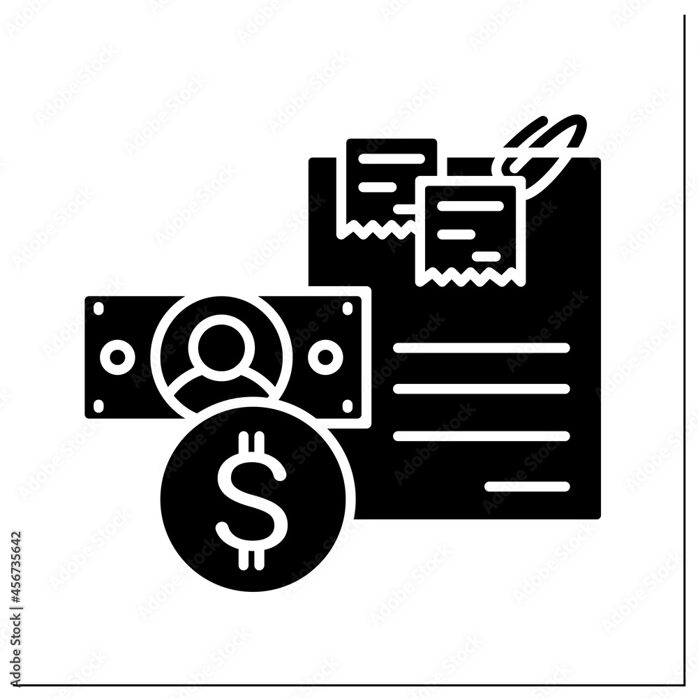 Budget glyph icon. Finance plan document with dollar coin and banknote. Concept of money planing and business project cost calculations.Filled flat sign. Isolated silhouette vector illustration Budget glyph icon. Finance plan document with dollar coin and banknote. Concept of money planing and business project cost calculations.Filled flat sign. Isolated silhouette vector illustration