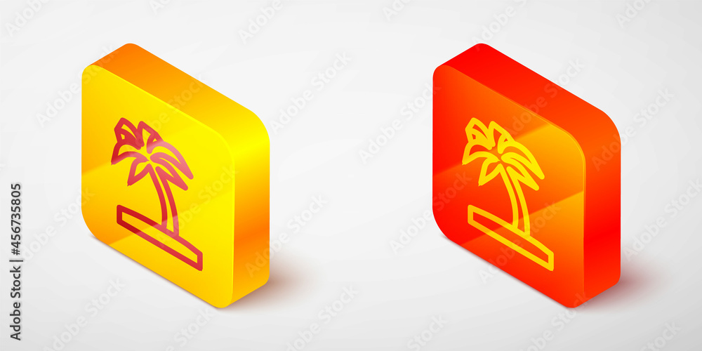 Isometric line Tropical palm tree icon isolated on grey background. Coconut palm tree. Yellow and orange square button. Vector Isometric line Tropical palm tree icon isolated on grey background. Coconut palm tree. Yellow and orange square button. Vector