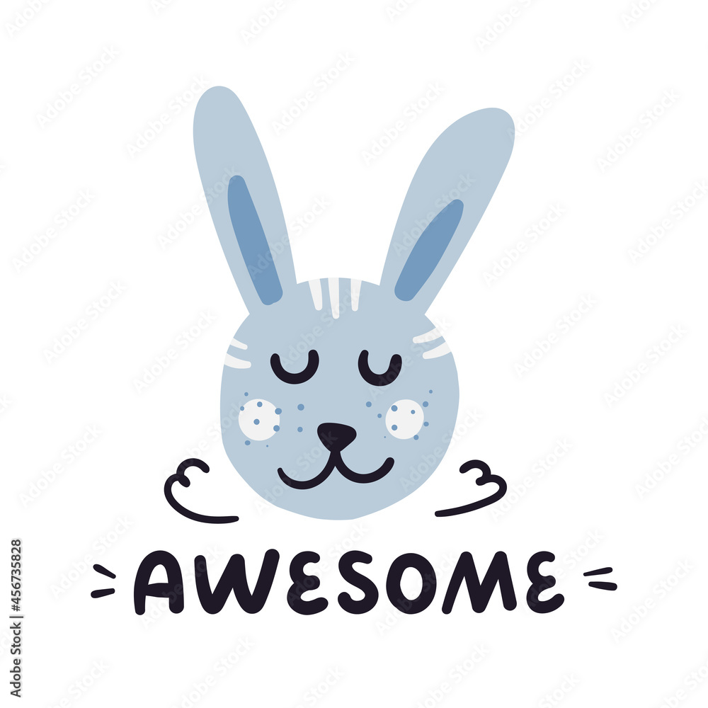 Cartoon light blue rabbit hand drawn character. Xmas time funny animal. Awesome lettering. Christmas sketch drawing. Winter holidays clipart. Greeting card, poster design
