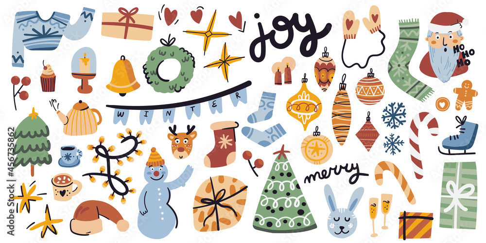 Naklejka premium Winter season flat illustrations set. Isolated on white. Merry, joy, Christmas tree, xmas, bell, socks, rabbit, deer, santa, gifts, scarf. Winter cute doodle collection.