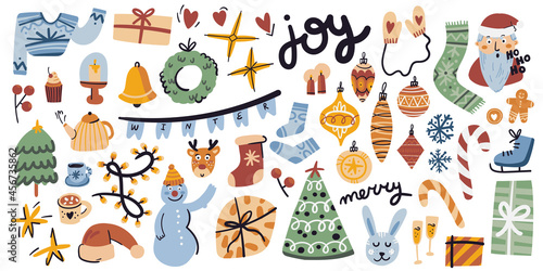 Winter season flat illustrations set. Isolated on white. Merry  joy  Christmas tree  xmas  bell  socks  rabbit  deer  santa  gifts  scarf. Winter cute doodle collection.