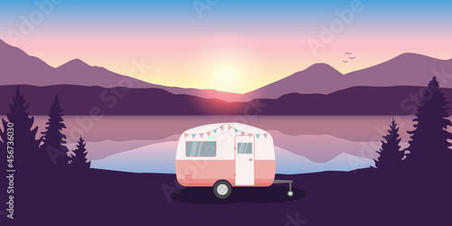 wanderlust camping adventure in the wilderness with camper by the lake