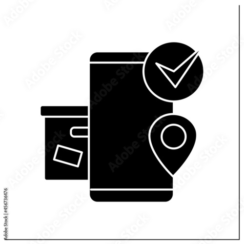 Order pickup glyph icon. Smartphone with box, location point and check. Concept of safe self pick up service online order and post.Filled flat sign. Isolated silhouette vector illustration