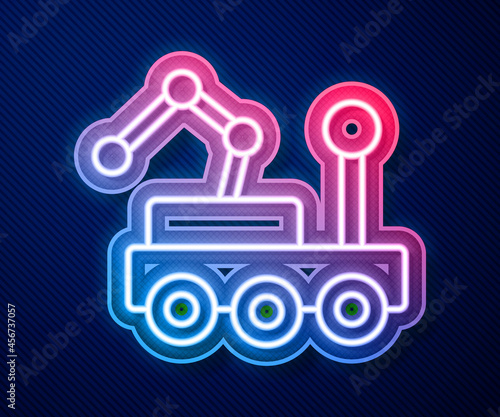 Glowing neon line Mars rover icon isolated on blue background. Space rover. Moonwalker sign. Apparatus for studying planets surface. Vector