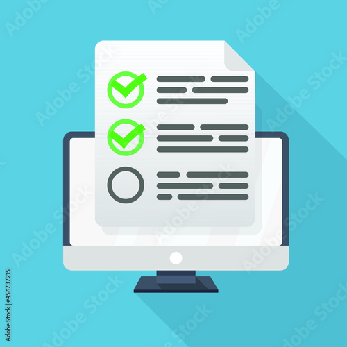 Computer and light rgey list a list with two  completed out items and one  uncompleted. Flat icon with long shadow. Vector stock illustration