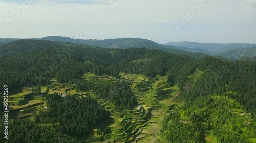 Aerial view of rice terraces in Dali Dong traditional Chinese village, Guizhou province. photo