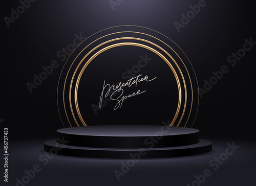 Black podium for premium product presentation. Podium stage with golden arch. Minimal scene with podium, Vector illustration.