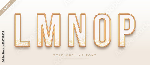 Realistic gold metal font. Golden ouline font. Metallic 3d typeface. English alphabet. Vector illustration.