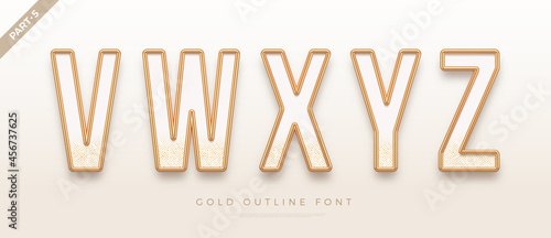 Realistic gold metal font. Golden ouline font. Metallic 3d typeface. English alphabet. Vector illustration.