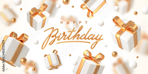 Birthday greeting design. Background with 3d white gift boxes with golden ribbon and bow. Birthday celebration concept. Vector illustration.