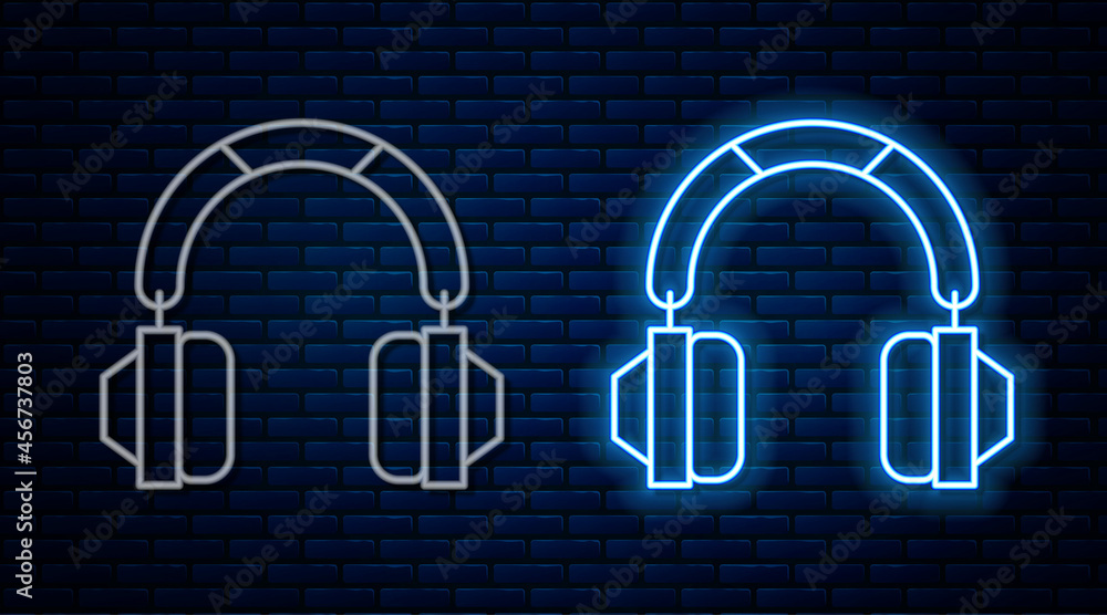 Glowing neon line Headphones icon isolated on brick wall background. Earphones. Concept for listening to music, service, communication and operator. Vector Glowing neon line Headphones icon isolated on brick wall background. Earphones. Concept for listening to music, service, communication and operator. Vector