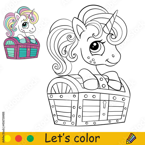 Cute unicorn with a chest coloring book page