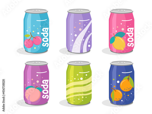 Cute Soda Cans Collection. Hand drawn adorable set of soft drinks in aluminum cans set. Modern colors soft drinks cans fancy illustrations. Trendy design of cans with lemon, cherry and bubbles. Vector