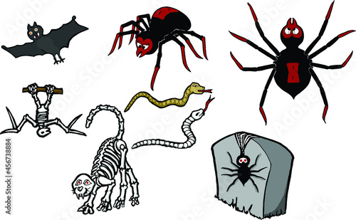 various Halloween creatures | snakes spiders and animal skeletons