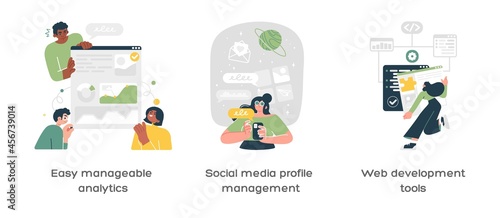 Business analytics, digital marketing and social media management icons set. Web development tools, Manageable analytics, Social media management metaphors