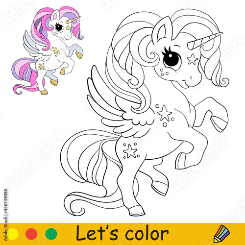 Cute little unicorn with a wings coloring book page
