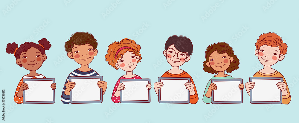 Happy boys and girls showing blank digital tablet screen. Cute kids using tablets. Back to school vector concept
Happy boys and girls showing blank digital tablet screen. Cute kids using tablets. Back to school vector concept