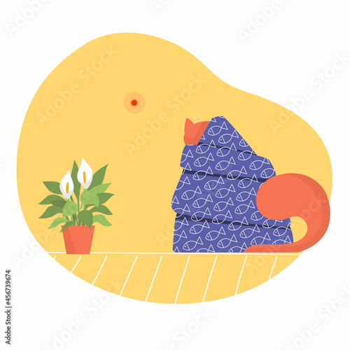 Cat procrastinates with red circle on the wall. Vector illustration.