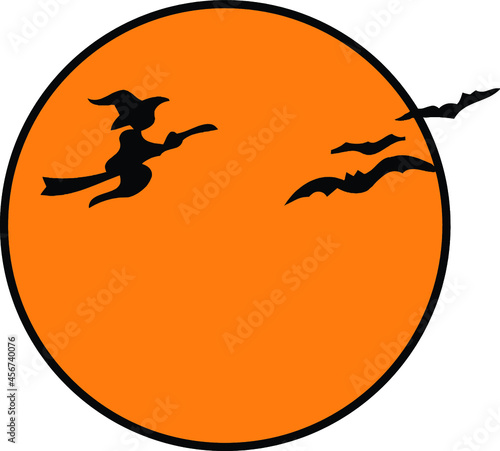 orange moon with witch and bat silhouette | Halloween design