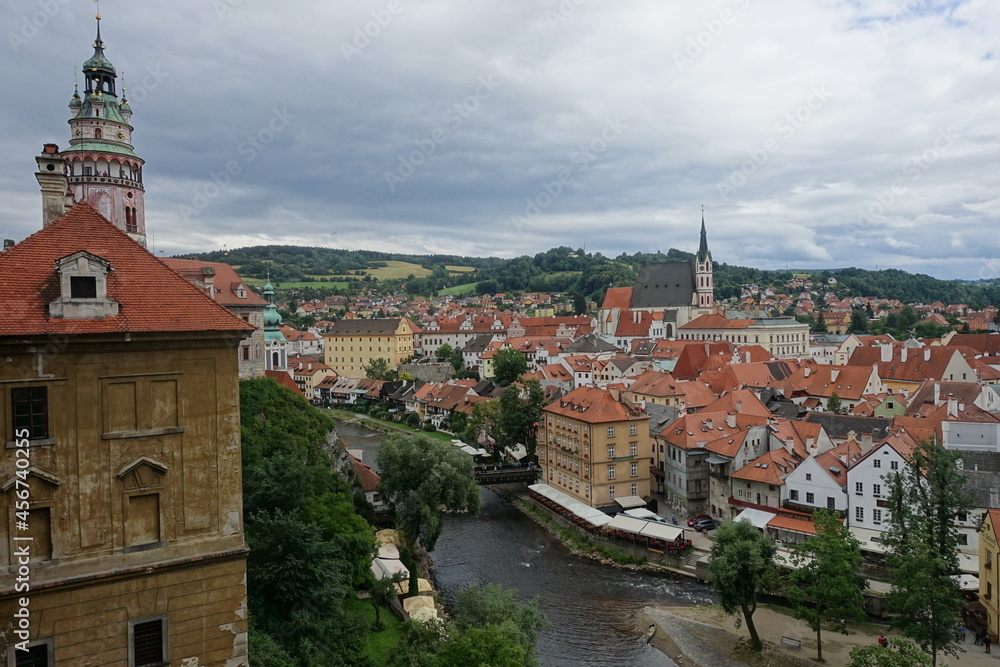 Town view with red roofs and vltava river during summer in Český Krumlov (Cesky Krumlov), a town in the South Bohemian Region, Czech Republic, a UNESCO World Heritage Site, Gothic, Renaissance, Baroq