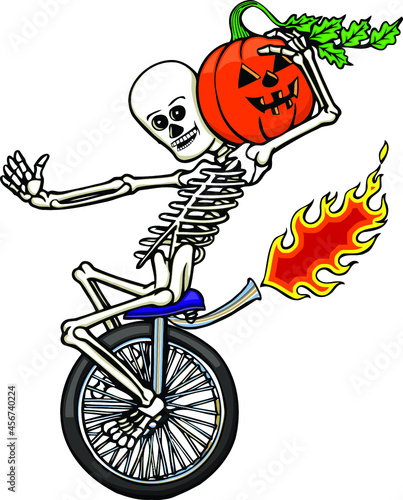 funny skeleton riding a unicycle carrying a pumpkin