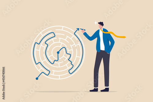 Solution solving business problem, skill and intelligence to overcome difficulty, challenge for leadership concept, smart businessman draw the line showing solution to solve labyrinth maze problem.