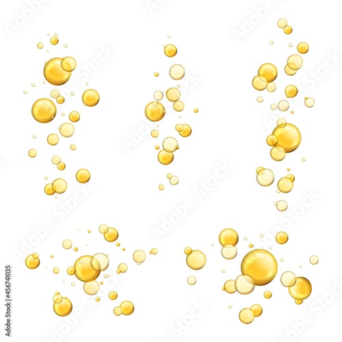Bubbles oil. Shiny realistic drops, cosmetic gold pill capsule collagen serum. Oily vitamin essence droplets. Flying yellow liquid. Gasoline or cosmetic lotion, fizzy water vector isolated set