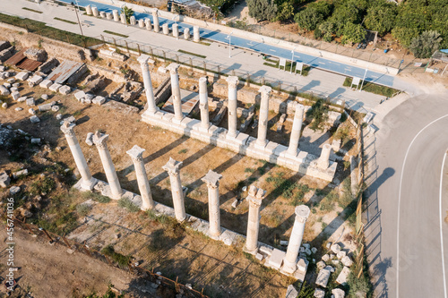 Aerial view of temple pillars and ancient ruins. Soli Pompeipolis ancient city in Mersin, Turkey.