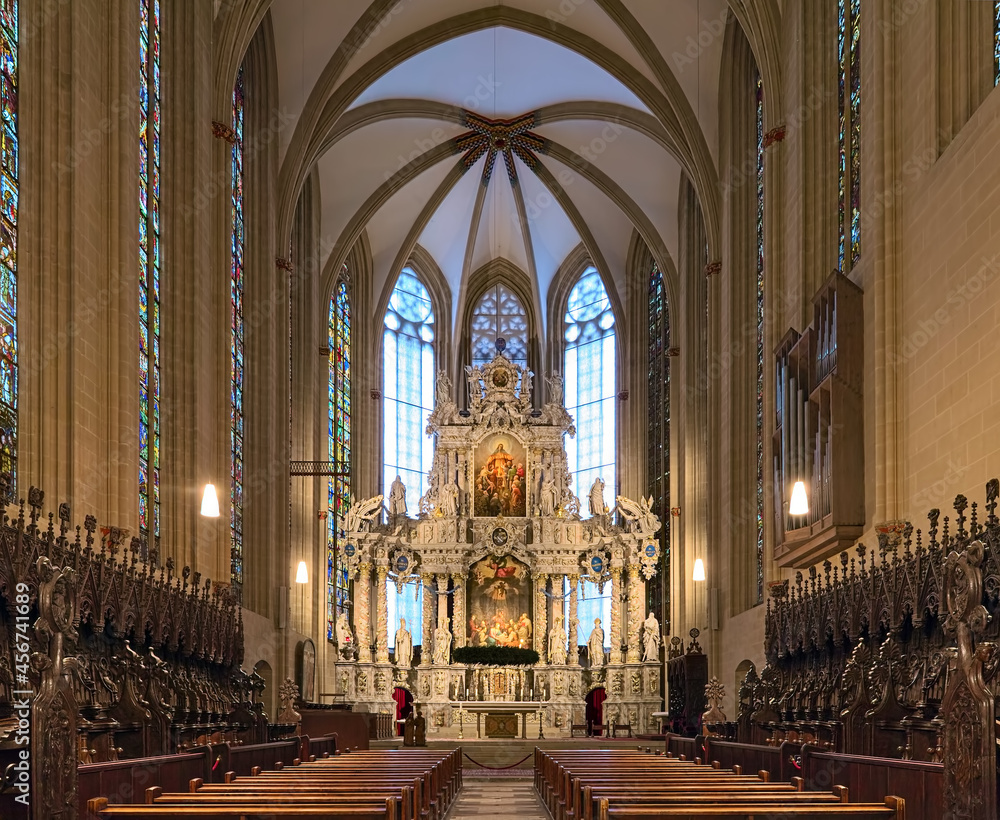 Erfurt, Germany. High choir and High altar of Erfurt Cathedral (St Mary's Cathedral). The Gothic high choir was built in the 14th century. The Baroque high altar was made in 1697-1707.