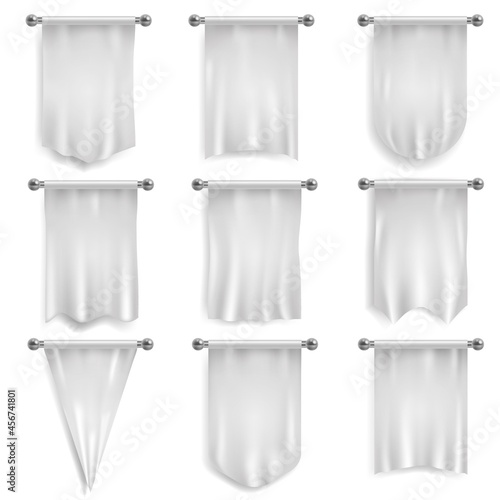 Pennant white. Hanging team pennants realistic collection, canvas advertising flags on wall. Blank football textile banners, royal award. Fabric mockup, logo and branding vector isolated set