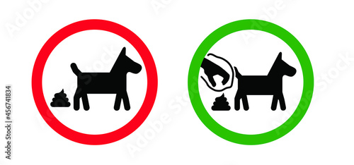 Stop, clean up after your dog, poop or shit. Cartoon no pet, dog area icon. Flat vector no dogs pictogram. Puppy print logo. Black silhouette of a dog. Pet zone sign. No Animals Allowed