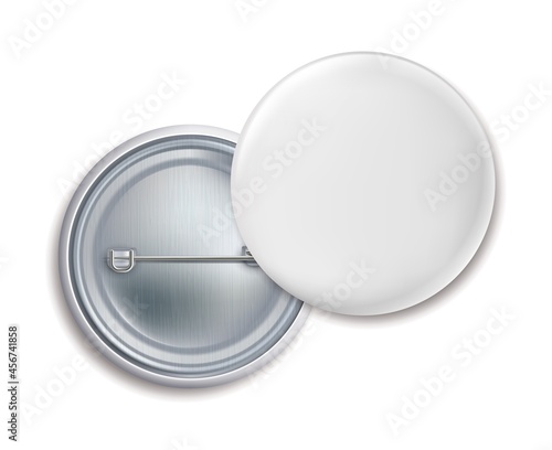 Pin badges. Round metal button badge front and back view, blank white metallic emblem, empty brooch mockup, marketing branding vector isolated template. Vector realistic illustration