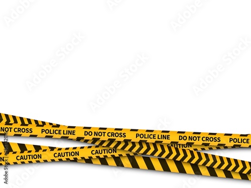 Police line. Warning danger yellow police security tape, taped with prohibited line, safe warning crime, realistic bright attention stripes, horizontal background, vector isolated illustration